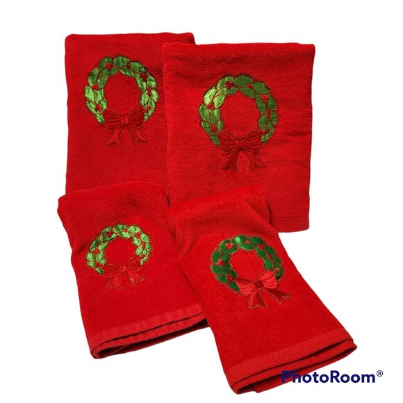 Christmas Holiday Towels Vintage Cotton USA Embroidered Applique Joy Wreath 4Set - Picture 1 of 9